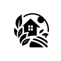 Minimalist Black and White Featuring a House, Surrounded by Leaves and a Circular Element, Suggesting Nature and Home. vector