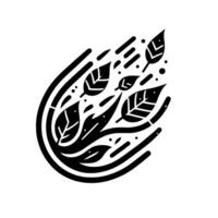 Artistic black and white minimalist featuring stylized leaves arranged in a dynamic, curved composition with flowing lines, dots, and a white background. vector