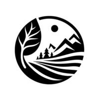 A minimalist landscape in a circle, depicting a tree, mountains, sun, and fields. It symbolizes harmony and natures beauty in a monochromatic . vector
