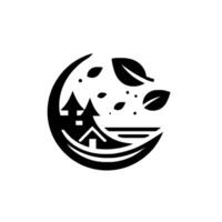 Minimalist Emblem Black and white stylized nature scene with pine trees, a house, leaves, and a crescent moon, creating a harmonious . vector