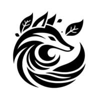 Elegant, stylized black and white featuring a foxs profile intertwined with swirling patterns, leaves, and a sleek, minimalist . vector