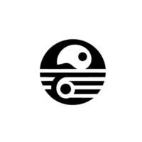 Modern minimalist Yin and Yang symbol, a black circular with a split representing opposing forces. Upper half is a solid shape and the lower is horizontal lines with a dot and lines. vector
