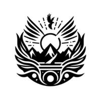 Symbolic monochrome emblem of a mountain range under a radiant sun, with an eagle soaring above, encapsulated within a stylized wing . vector