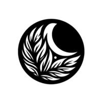 A minimalist black and white depicting a stylized crescent moon and foliate elements within a circular frame, creating a sense of balance. vector