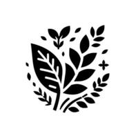 Monochromatic Foliage Composition Elegant botanical illustration featuring a detailed cluster of stylized leaves, sprigs, and scattered accents, all in stark black against a pristine white backgroun vector