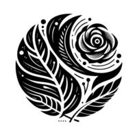 A stylized black and white floral , depicting a rose and foliage arranged within a circular composition on a white background. vector