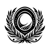 A symmetrical black and white floral crest featuring an oval frame with a crescentshaped inner element, and ornate leaf embellishments. vector
