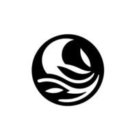 Stylized Black and White Waves and Crescent Moon within a Circle Representing the Ocean and Night. vector