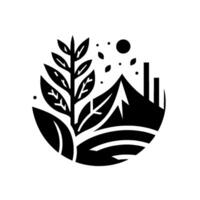 Black and white stylized illustration of a plant and landscape within a circular , suggesting environmental harmony and balance. vector