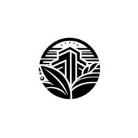 Geometric Emblem Buildings and Foliage in a Black White Circular , Minimalist Style vector