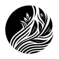 A striking black and white illustration, showcasing a stylized plant within a circle, featuring leaves and flowing lines. vector