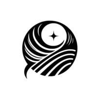 Abstract black and white emblem with a stylized moon, star, and wavelike patterns, conveying a sense of cosmic serenity and artistic elegance. vector