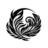A symmetrical black and white floral , a stylized organic motif featuring feathers and leaves in a circular arrangement on a white background. vector