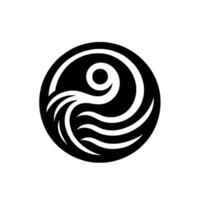 A minimalist, symmetrical, black and white within a circular frame, featuring wavelike and circular elements suggestive of harmony and balance. vector
