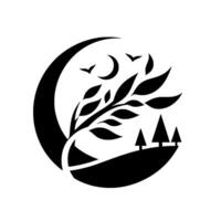 A stylized minimalist of a night scene, featuring a crescent moon, birds, a tree with leaves, and pine trees on a curved landscape, all in black and white. vector