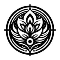 A symmetrical, stylized black and white lotus flower enclosed within a circular frame, showcasing intricate leaf details and dot accents. vector