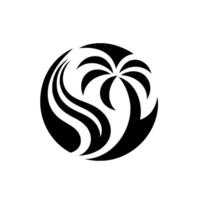 A minimalist black and white circular featuring a stylized palm tree and wavy lines, evoking tropical vibes and serenity. vector