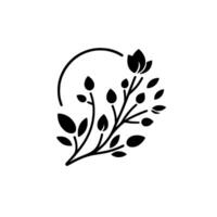 Minimalist Black and White Floral Illustration Branch with Leaves, Budding Flower Enclosed by a SemiCircle, Clean and Simple . vector