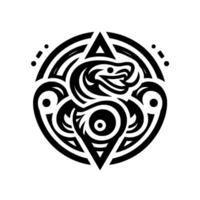 Symbolic Tribal Tattoo of a Serpent Within Geometric Circle A stylized, symmetrical featuring a snake intertwined with abstract shapes, evoking a sense of mystic power. vector
