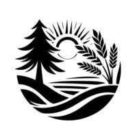 Stylized black and white landscape composition within a circle, featuring a pine tree, wheat, sun, and rolling hills. vector