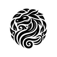 A stylized, circular emblem featuring a black dragonlike creature with flowing, leaflike details in a minimalist against a white background, conveying a sense of elegance. vector