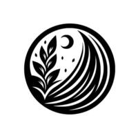 Black and White Circular Emblem Featuring a Branch with Leaves, Crescent Moon, and Abstract Swirls, Symbolic of Natures Serenity. vector