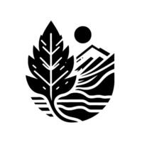 A black and white minimalist illustration featuring a stylized leaf alongside mountain range, a sun over water, encompassed within an enclosed shape. vector