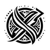 Intricate Tribal A symmetrical black and white artwork featuring interwoven organic shapes, geometric elements, and circular composition, framed by dotted periphery. vector