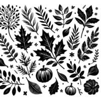 A monochromatic, stylized illustration of various leaves, branches, pumpkins, and floral elements arranged in a repeating pattern against a white backdrop. vector