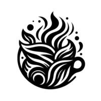 A stylized, symmetrical coffee cup in bold black and white, featuring swirling steam and leaflike patterns, evoking warmth. vector