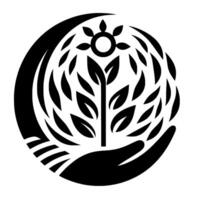 A stylized black and white emblem featuring a tree with leaves, a sun, enclosed in a sphere, cradled by a hand, representing care and growth. vector