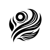 A stylized, circular black and white featuring curved lines, shapes, and an eyelike center, evoking a sense of movement and abstract symbolism. vector