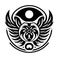Intricate black and white symmetrical tribal featuring a central floral element, wings, and layered circular shapes, evoking harmony and balance. vector