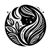 A stylized circular black and white illustration featuring a womans profile encompassed by flowing hair, celestial elements, and floral accents. vector
