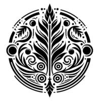 Intricate Art DecoInspired Circular Featuring Symmetrical Foliage and Geometric Elements, with a Bold Black and White Contrast. vector