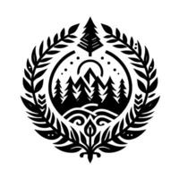 Intricate Black and White Circular Emblem Depicting a Forest Landscape with Mountains, Trees, a Sun, and Laurel Wreath Details. vector