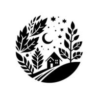 Tranquil night scene A silhouette of a house nestled on a hill, surrounded by foliage, moon, and stars, within a circular frame. vector