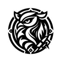 A stylized monochrome owl emblem, featuring bold, geometric patterns, sharp angles, and a menacing stare within a circular frame, symbolizing strength and vigilance. vector
