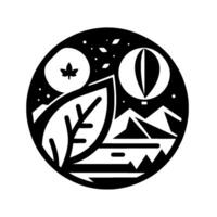 A circular black and white illustration depicting nature and adventure. It showcases a hot air balloon, mountains, leaves, and a round shape with a maple leaf. vector