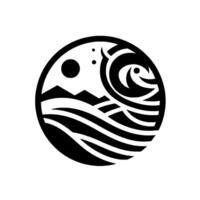 Stylized Black and White Circular Featuring Mountains, Waves, Sun, and a Wave Cresting, Symbolizing Natures Harmony. vector