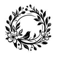 A minimalist black and white illustration of a bird perched on a floral branch, framed within a wreath of leaves and blossoms, set against a clean white background. vector