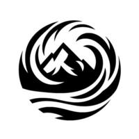 A stylized, black and white depicts a mountain range within a swirling vortexlike circular . This creates a symbolic representation of natural power. vector