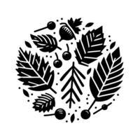A monochromatic, circular composition of stylized leaves, berries, and an acorn, representing autumn. vector