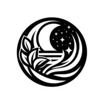 Stylized black and white depicting a crescent moon, stars, stylized foliage, and an abstract horizon line, contained within a circular frame. vector