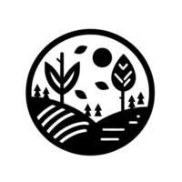 Monochromatic, circular landscape stylized trees, rolling hills, a sun, and falling leaves within a black outline, conveying a sense of serene nature. vector