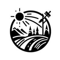 Black and white circular depicting a stylized landscape of rolling hills, a road, mountains, pine trees, a sun, and a utility pole. vector