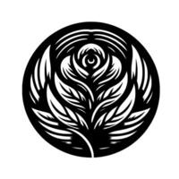 Intricate Black and White Rose Mandala A Botanical Silhouette Contained Within a Circular Frame, Featuring Layered Petals and Leafy Details. vector
