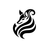 A stylized minimalist black and white featuring a foxlike creature with curved hornlike elements, rendered in a sleek, modern on a clean white background. vector