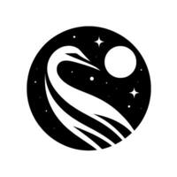 Stylized black and white of a bird in flight, surrounded by a starry night sky and a full moon, within a circular frame. vector