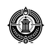 Ornate Black and White Circular Emblem A symmetrical with a central temple, laurel branches, and surrounding stylized architectural elements, evoking classical aesthetics and a sense of autho vector